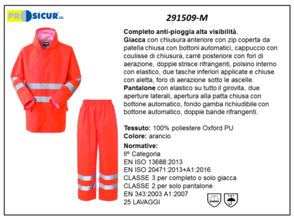 Completo antipioggia av 100% poliestere spalmato pu arancio