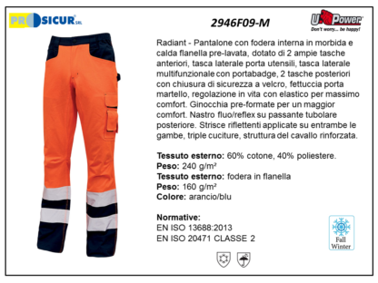 Pantalone av 60%cot.40%pes foderato in flanella arancio