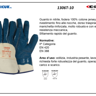 1306T-10 - (Quantità per Confezione: 12 PA) - Guanto fodera cotone jersey riv.nitrile c/manichetta rinf.