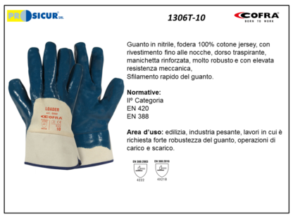 1306T-10 - (Quantità per Confezione: 12 PA) - Guanto fodera cotone jersey riv.nitrile c/manichetta rinf.