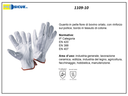 1109-10 - (Quantità per Confezione: 12 PA) - Guanto pelle fiore bovino orlato c/giropollice