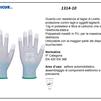 1314-10 - (Quantità per Confezione: 12 PA) - Guanto poliestere e fibra carbonio polpastrelli pu esd