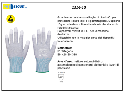 1314-10 - (Quantità per Confezione: 12 PA) - Guanto poliestere e fibra carbonio polpastrelli pu esd