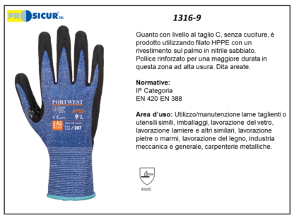 1316-9 - (Quantità per Confezione: 12 PA) - Guanto hppe/fibra vetro rives.nitrile sabbiato dorso areato