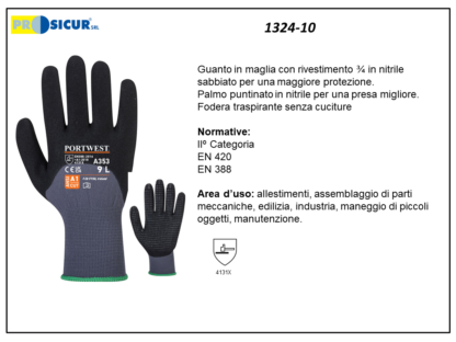 1324-10 - (Quantità per Confezione: 12 PA) - Guanto nylon/elastan rivestito3/4 schiuma nitrile puntinato