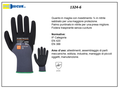 1324-6 - (Quantità per Confezione: 12 PA) - Guanto nylon/elastan rivestito3/4 schiuma nitrile puntinato