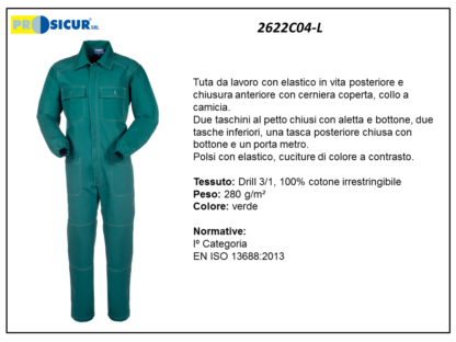 2622C04-L - Tuta 100%cotone irrestringib. cuciture a contrasto verde