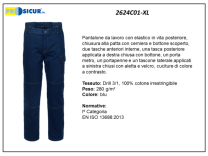 2624C01-XL - Pantalone 100%cotone irrestr. cuciture a contrasto blu