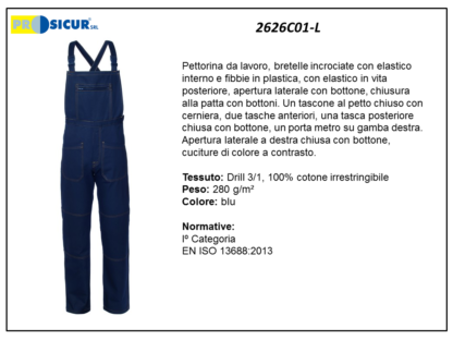 2626C01-L - Pettorina 100% cotone irrestr.cuciture a contrasto blu