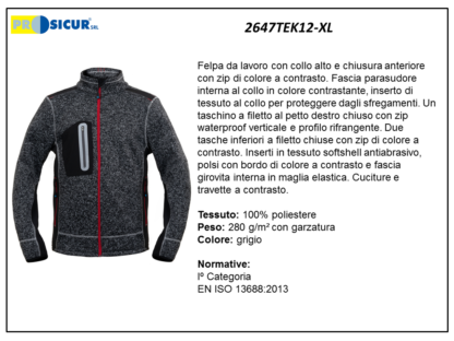 2647TEK12-XL - Felpa 100%poliestre cuciture a contrasto 280gr grigio