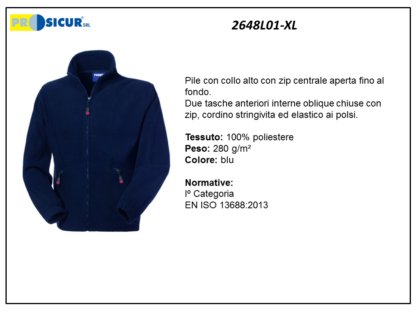 2648L01-XL - Pile 100% poliestere collo alto zip lunga blu