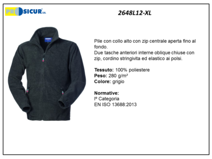 2648L12-XL - Pile 100% poliestere collo alto zip lunga grigio