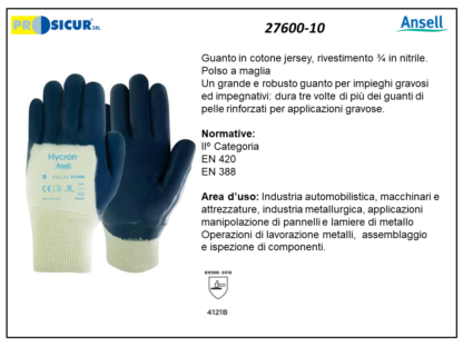 27600-10 - (Quantità per Confezione: 12 PA) - Guanto hycron fod.cotone riv. 3/4 nitrile dorso areato