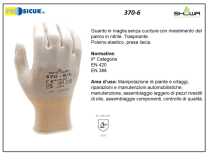 370-6 - (Quantità per Confezione: 10 PA) - Guanto showa 370 rivestito nitrile dorso areato bianco