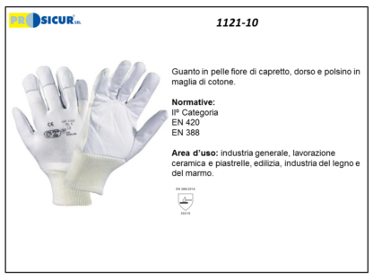 1121-10 - (Quantità per Confezione: 12 PA) - Guanto pelle fiore capretto dorso in cotone