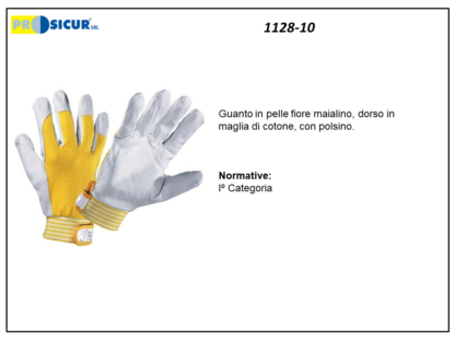 1128-10 - (Quantità per Confezione: 12 PA) - Guanto pelle capretto dorso in cotone chiusura c/strappo