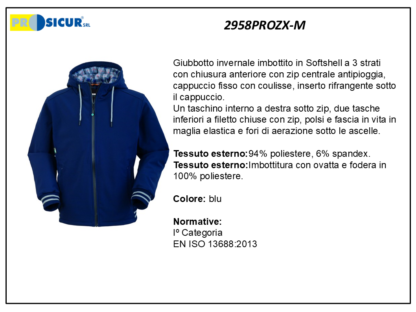 2958PROZX-M - Giubbotto 94%polies.6% spandeximbottito c/cappuccio blu/nero