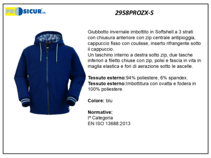 2958PROZX-S - Giubbotto 94%polies.6% spandeximbottito c/cappuccio blu/nero