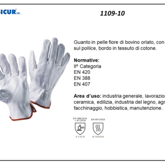 1109-10 - (Quantità per Confezione: 12 PA) - Guanto pelle fiore bovino orlato c/giropollice