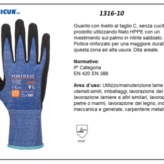 1316-10 - (Quantità per Confezione: 12 PA) - Guanto hppe/fibra vetro rives.nitrile sabbiato dorso areato