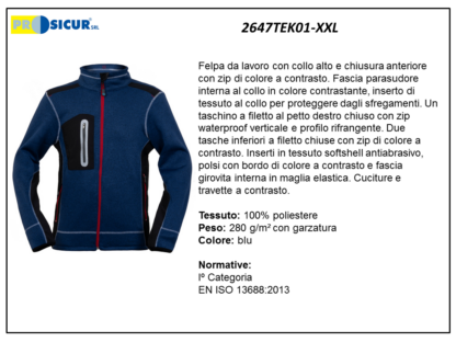 2647TEK01-XXL - Felpa 100%poliestre cuciture a contrasto 280gr blu