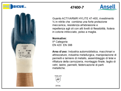 47400-7 - (Quantità per Confezione: 12 PA) - Guanto activarmr hylite riv. 3/4 nitrile polso a maglia