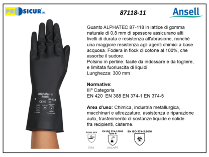 87118-11 - (Quantità per Confezione: 12 PA) - Guanto alphatec lattice gomma naturale foderato l300mm