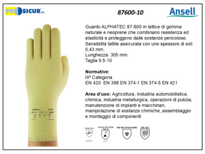 87600-10 - (Quantità per Confezione: 12 PA) - Guanto alphatec lattice gomma naturale e neoprene l305mm