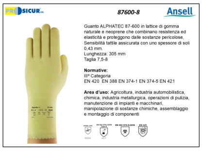 87600-8 - (Quantità per Confezione: 12 PA) - Guanto alphatec lattice gomma naturale e neoprene l305mm