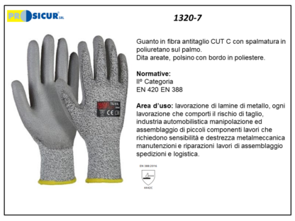 1320-7 - (Quantità per Confezione: 12 PA) - Guanto spalmato pu palmo/dita dorso areato res.taglio 5