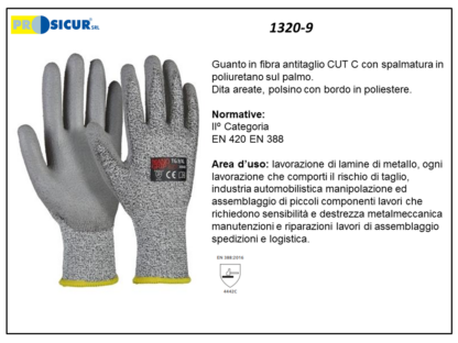 1320-9 - (Quantità per Confezione: 12 PA) - Guanto spalmato pu palmo/dita dorso areato res.taglio 5