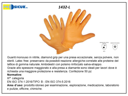 1432-L - (Quantità per Confezione: 10 CF) - Guanto nitrile spessorato senza polvere arancio