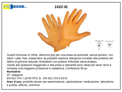 1432-XL - (Quantità per Confezione: 10 CF) - Guanto nitrile spessorato senza polvere arancio