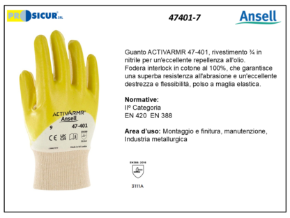 47401-7 - (Quantità per Confezione: 12 PA) - Guanto activarmr hylite riv.3/4 nitrile polsomaglia elastico