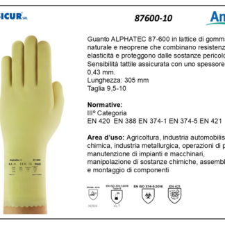 87600-10 - (Quantità per Confezione: 12 PA) - Guanto alphatec lattice gomma naturale e neoprene l305mm