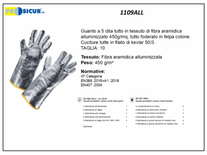 Guanto in fibra aramidica cm38alluminizzata cuciture kevlar