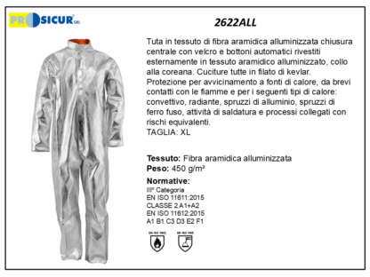 Tuta in fibra aramidica alluminizzata cuciture kevlar