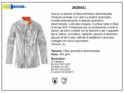Giacca in fibra aramidica alluminizzata cuciture kevlar