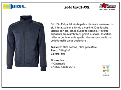 Felpa 70%cotone 30%pes 310gr zip centrale blu