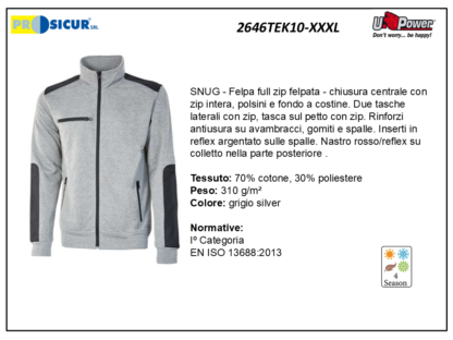 Felpa 70%cotone 30%pes 310gr zip centrale grigio silver