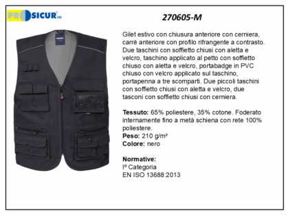 Gilet 35%cotone 65%poliestere scollo a v multitasca nero