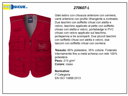 270607-L - Gilet 35%cotone 65%poliestere scollo a v multitasca rosso