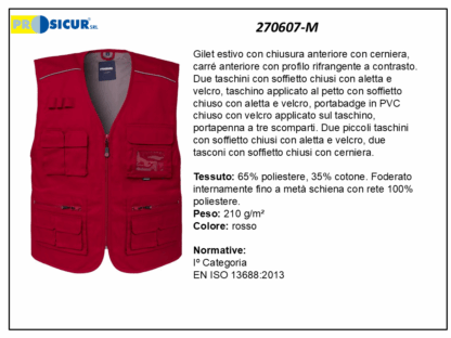 270607-M - Gilet 35%cotone 65%poliestere scollo a v multitasca rosso