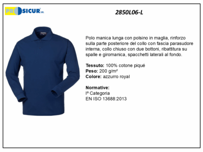 2850L06-L - Polo 100% cotone pique manica lunga royal