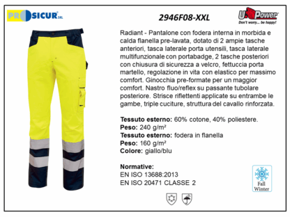 2946F08-XXL - Pantalone av 60%cot.40%pes foderato in flanella giallo