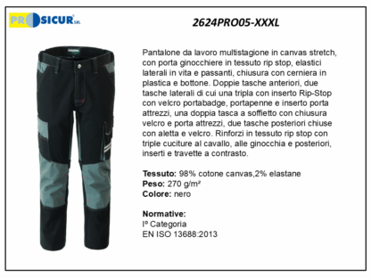 2624PRO05-XXXL - Pantalone 98%cotone canvas 2%elastan cavallo c/rinf.nero