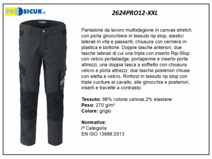 2624PRO12-XXL - Pantalone 98%cotone canvas 2% elastan cavallo c/rinf.grigio