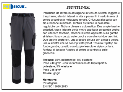 2624TS12-XXL - Pantalone 92%poliam.8%elastan multistagione multitasca 240gr