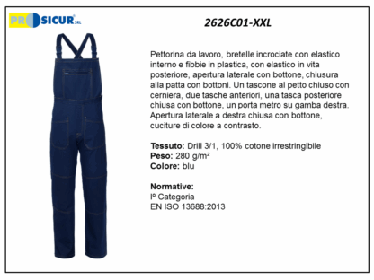 2626C01-XXL - Pettorina 100% cotone irrestr.cuciture a contrasto blu