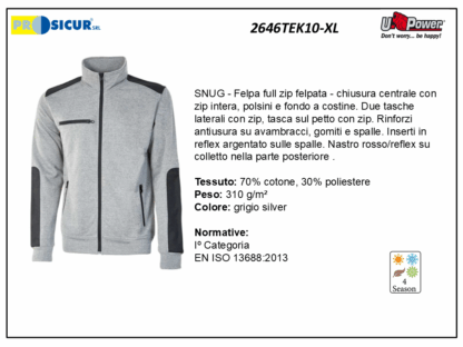 2646TEK10-XL - Felpa 70%cotone 30%pes 310gr zip centrale grigio silver
